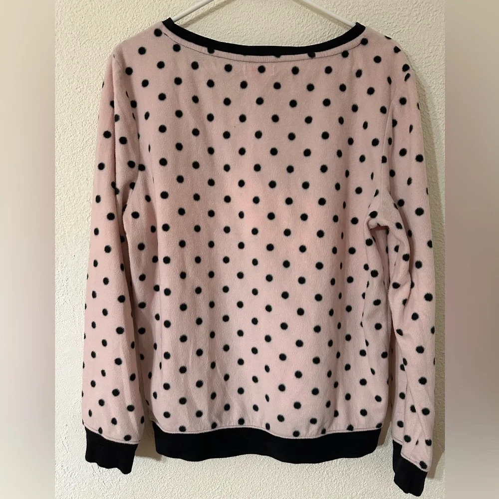 Betsey Johnson Top Woman Pink and Black Polka Dot Light Fleece Long Sleeve Sz.L